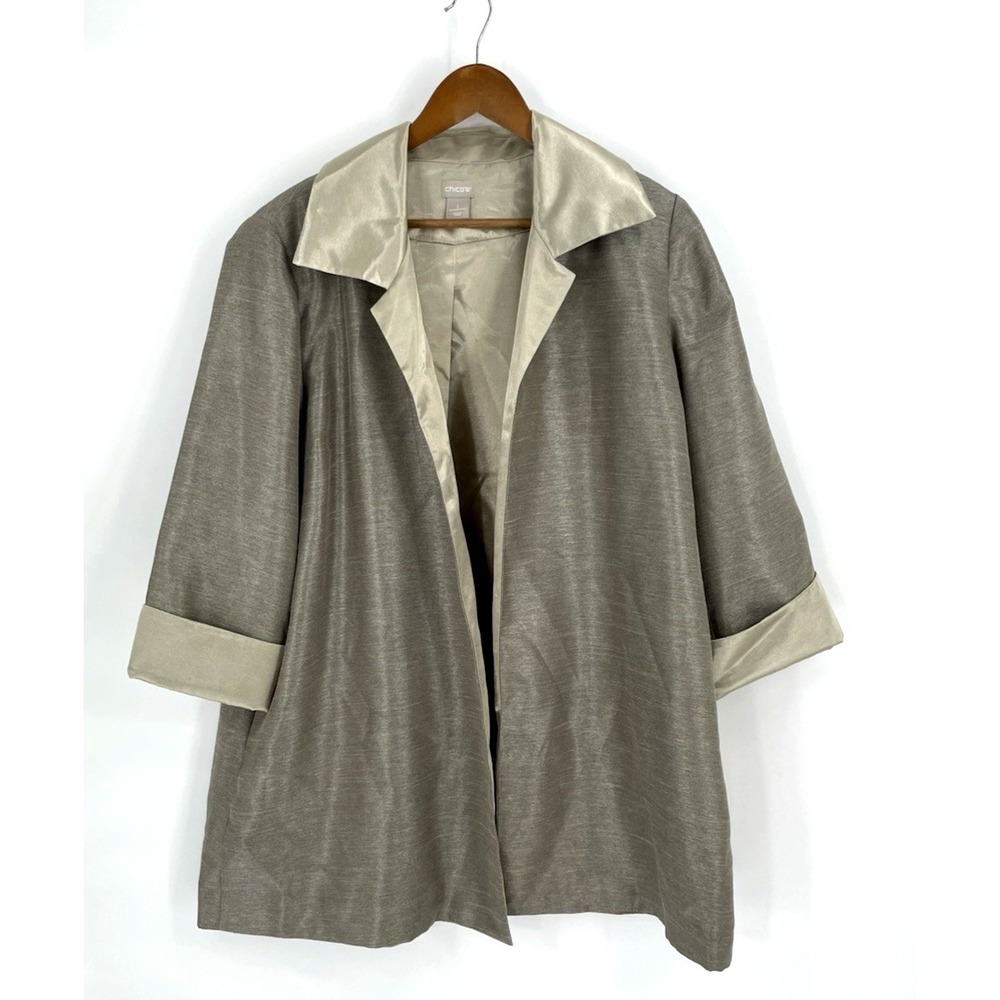 New CHICO'S Topper 12/14 Shantung Hi Low‎ Jacket Pewter Silver Gold Pockets